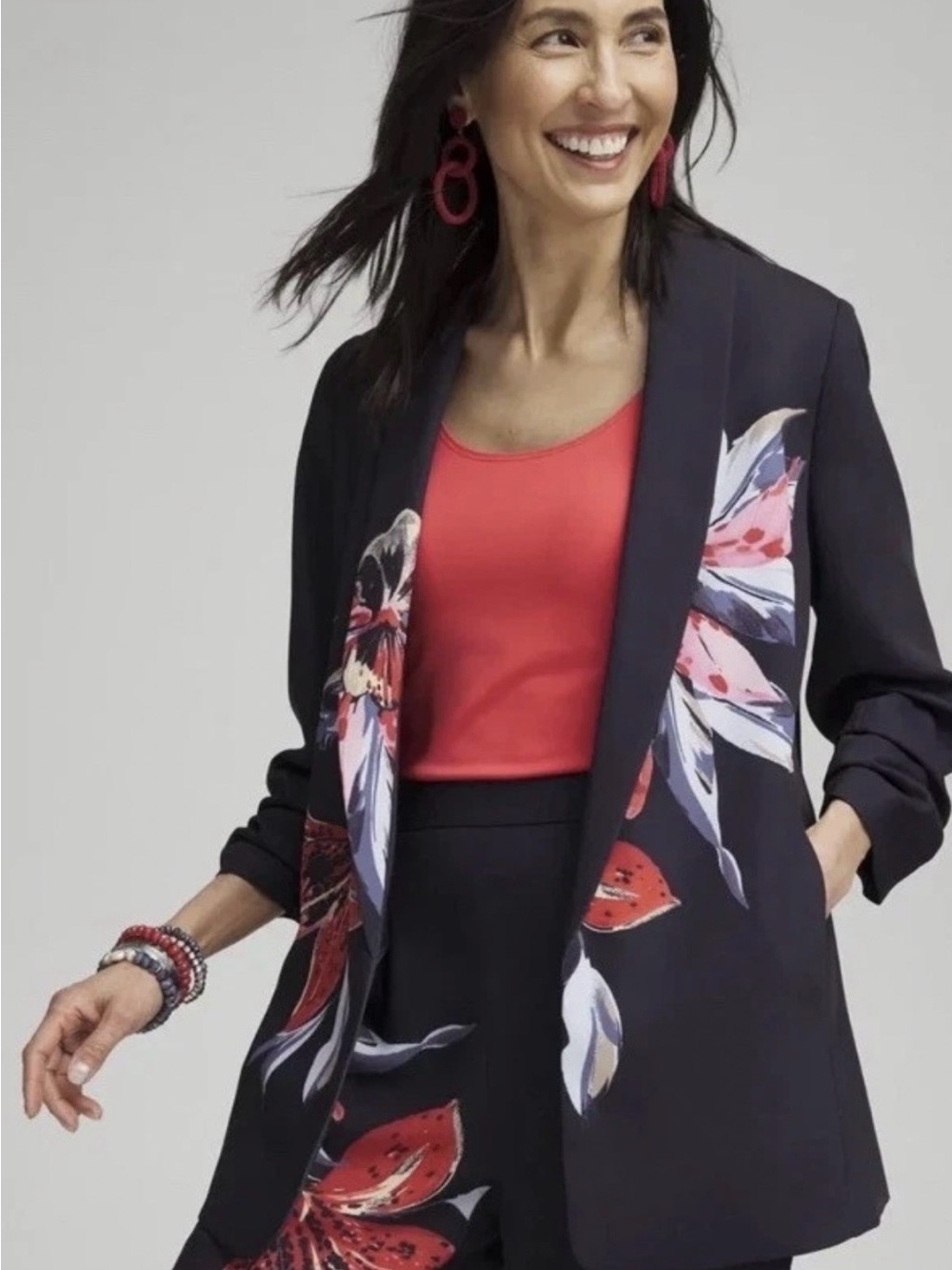 CHICOS NAVY FLORAL 3/4 SCRUNCH SLEEVE BLAZER Sz 12 Formal Cocktail S26